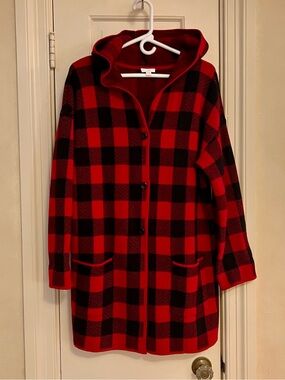 J. Jill Red & Black Buffalo Plaid Hooded Coat - Women